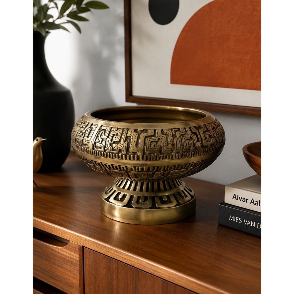 Vintage Brutalist Brass Pedestal Bowl 8" Gold Mayan Style MCM Centerpiece